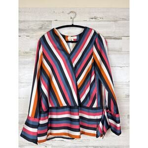 Etcetera Women’s 4 Multicolor Striped V-Neck Long Sleeve Wide Cuff Blouse NEW